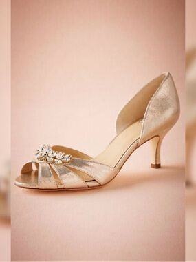 BHLDN Champagne Gold Open-Toe Mid Kitten Heel with Jewels